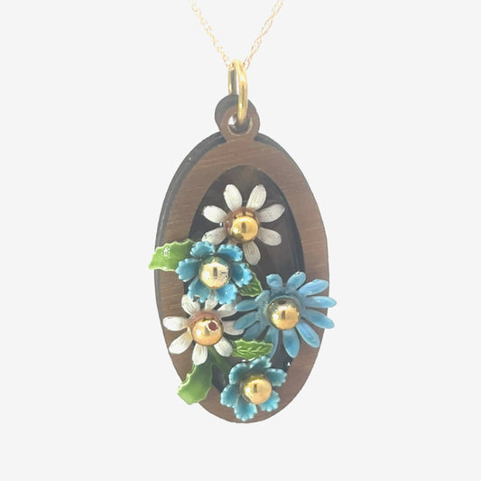 Vintage Enameled Blue and White Floral Pendant Necklace
