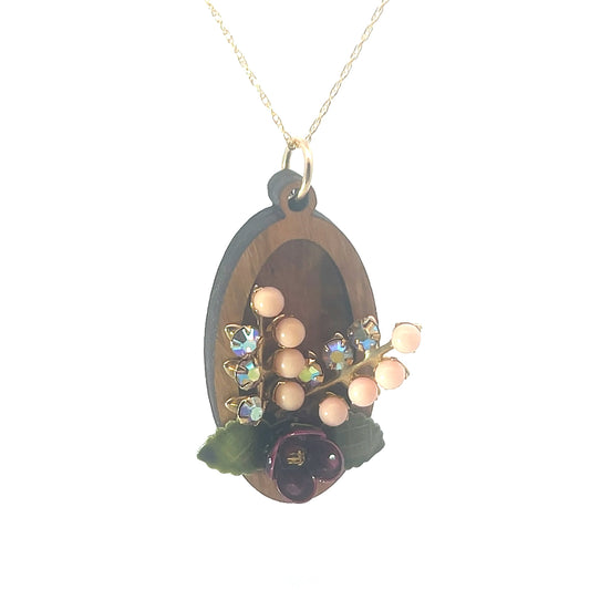 Vintage Enameled Red-Purple and Peach Floral Pendant Necklace