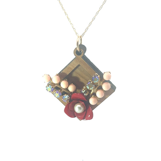 Vintage Enameled Red and Peach Floral Pendant Necklace