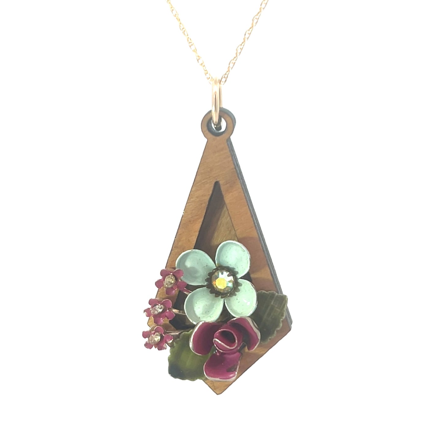 Vintage Enameled Rose and Seafoam Floral Pendant Necklace