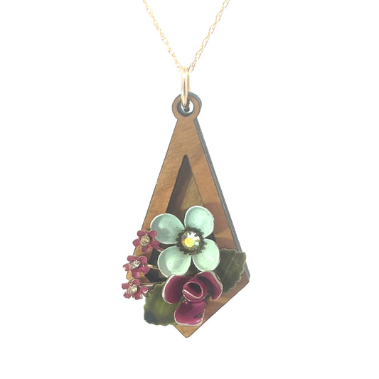 Vintage Enameled Rose and Seafoam Floral Pendant Necklace