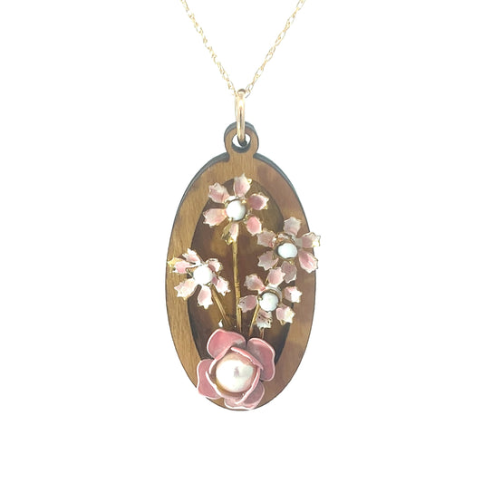 Vintage Enameled Pink Floral Pendant Necklace
