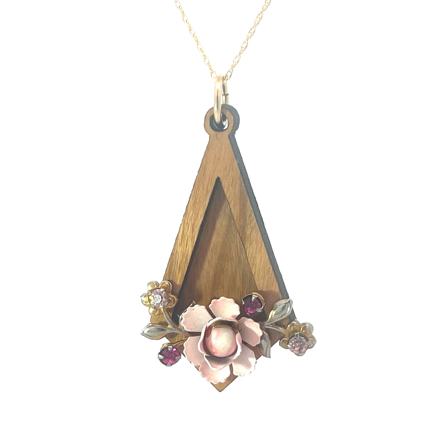 Vintage Enameled Pink and Gold Floral Pendant Necklace