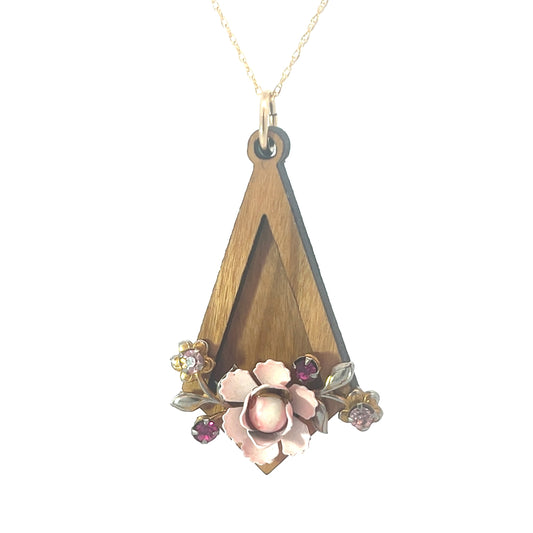 Vintage Enameled Pink and Gold Floral Pendant Necklace