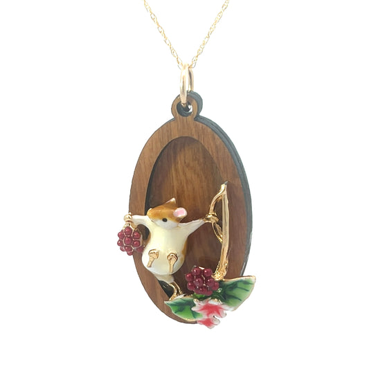 Vintage Enameled Mouse with Berries and Flowers Pendant Necklace