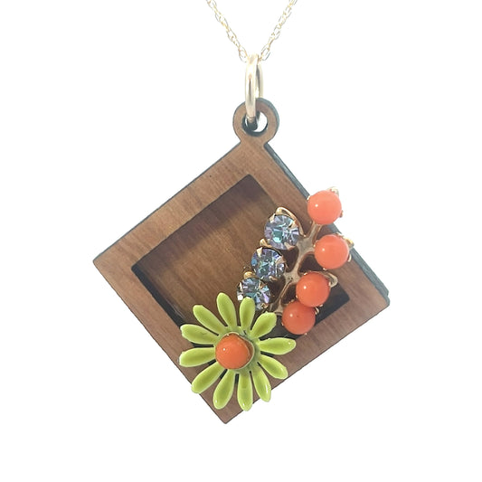 Vintage Enameled Green and Orange Floral Pendant Necklace