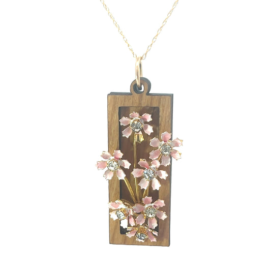 Vintage Enameled Pink Floral Pendant Necklace