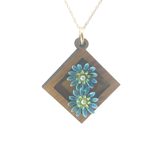 Vintage Enameled Blue and Green Floral Pendant Necklace