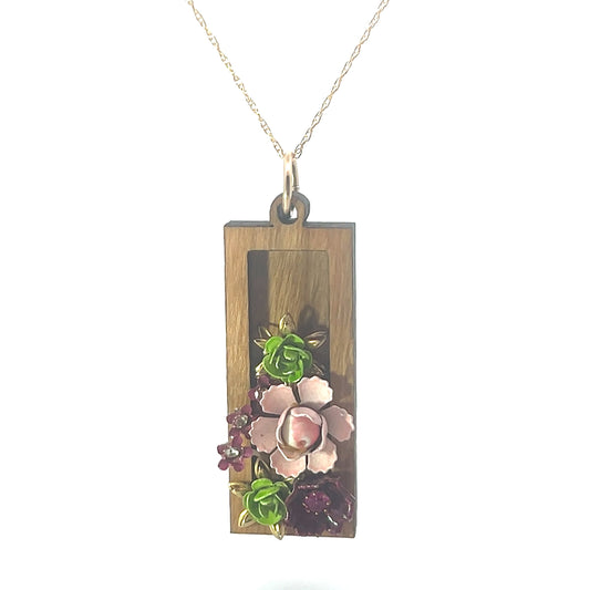 SOLD Vintage Enameled Pink, Green, and Red Floral Pendant Necklace