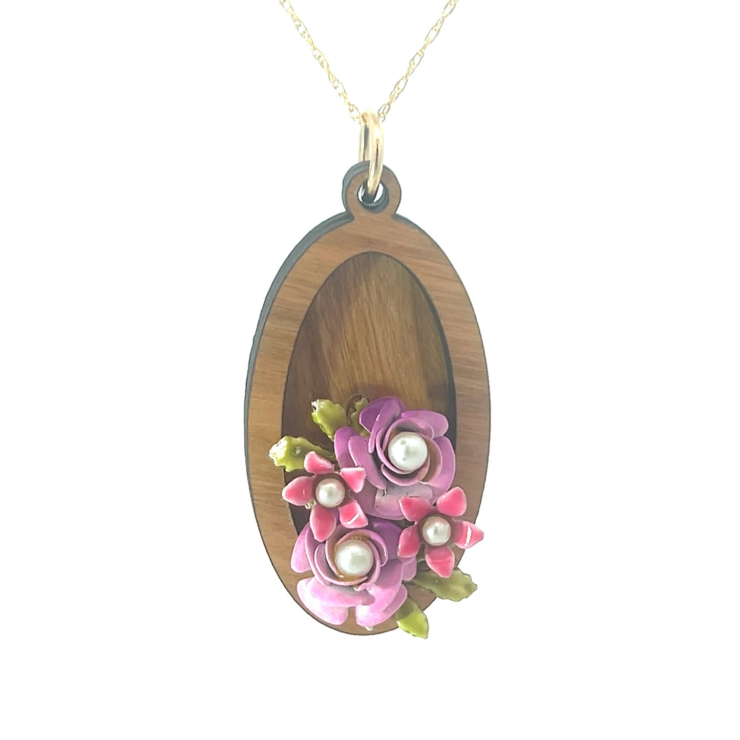 Vintage Enameled Pink and Green Floral Pendant Necklace