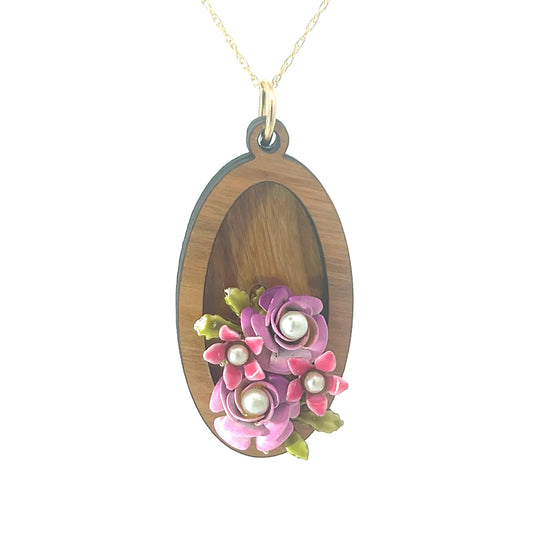 Vintage Enameled Pink and Green Floral Pendant Necklace