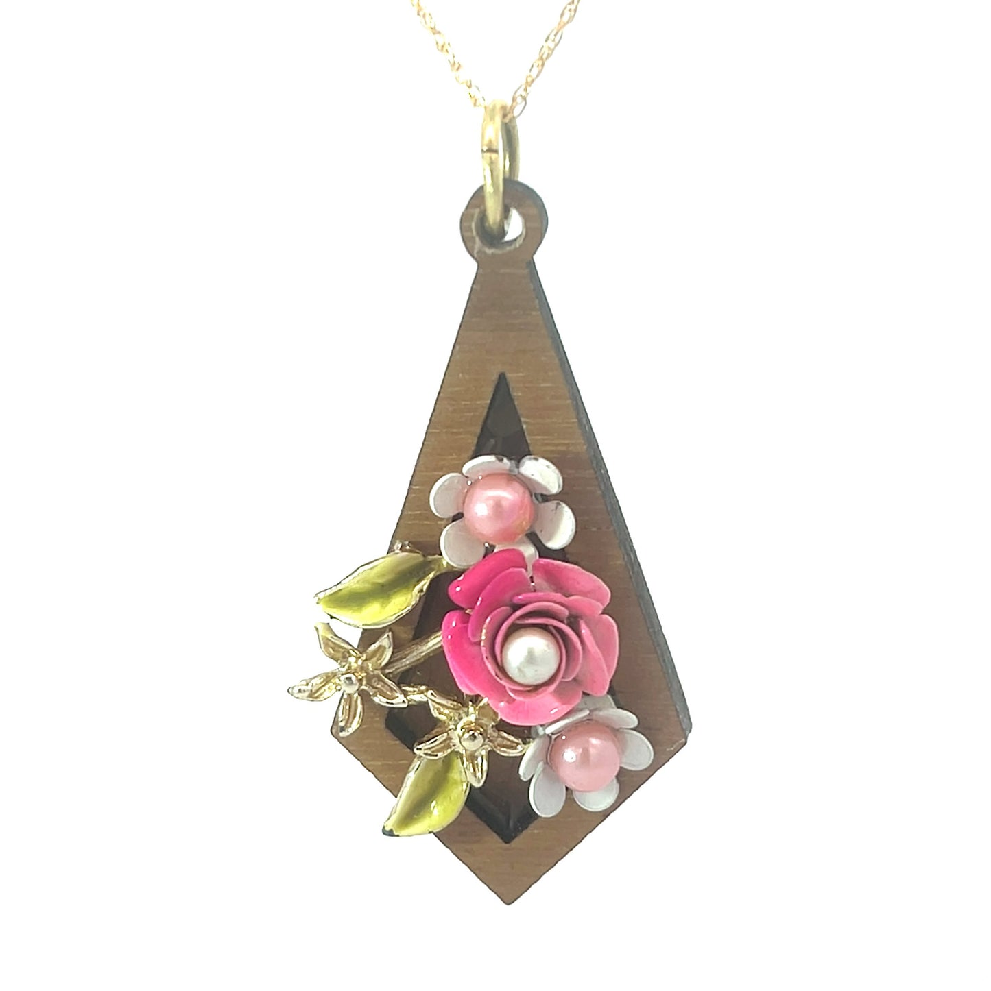 Vintage Enameled Pink, Green, and White Floral Pendant Necklace
