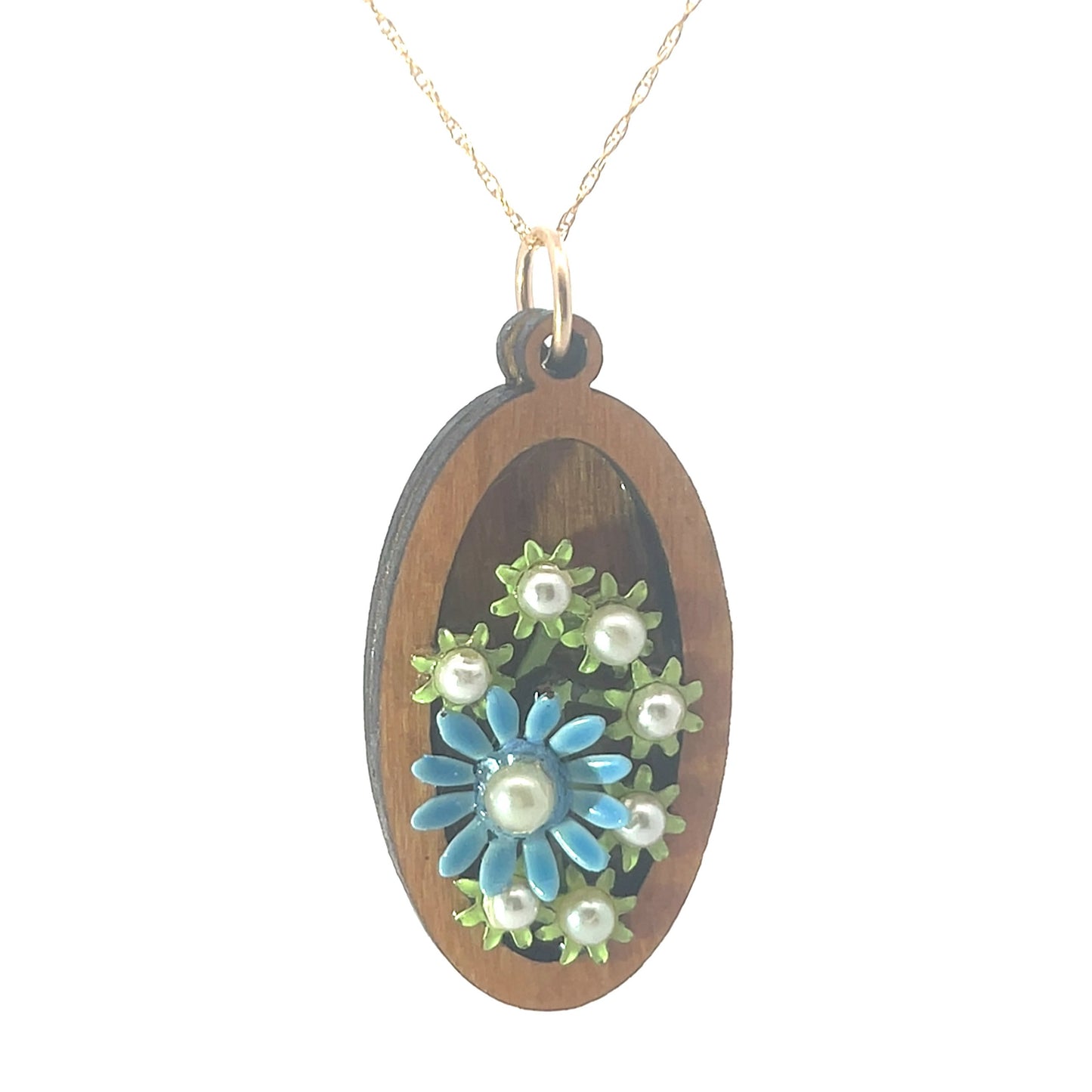 Vintage Enameled Blue and Green Floral Pendant Necklace