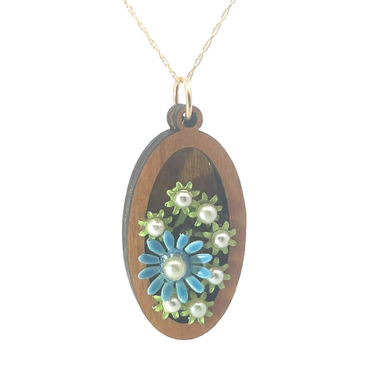 Vintage Enameled Blue and Green Floral Pendant Necklace