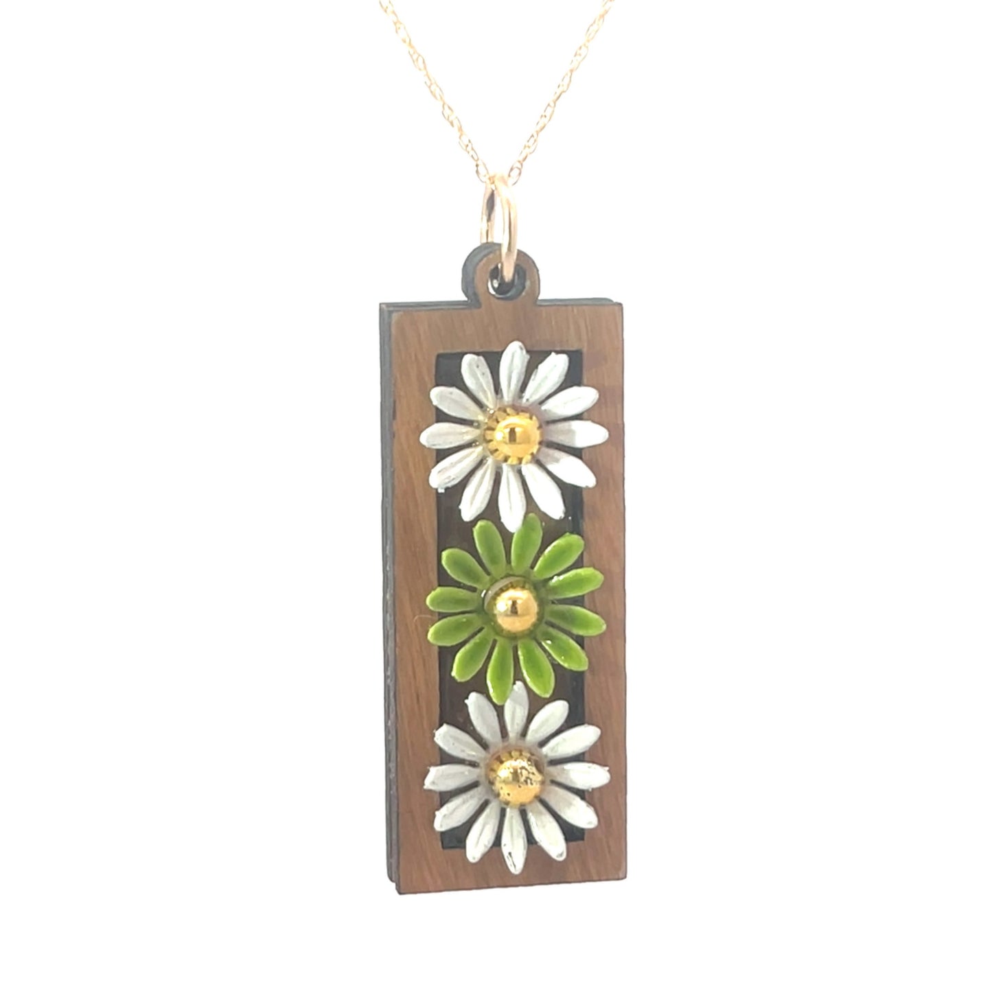 Vintage Enameled White, Green and Pink Floral Pendant Necklace (Gold Centers)