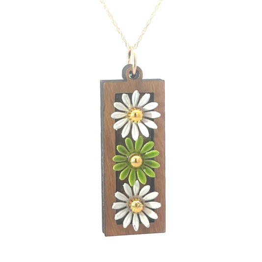 Vintage Enameled White, Green and Pink Floral Pendant Necklace (Gold Centers)