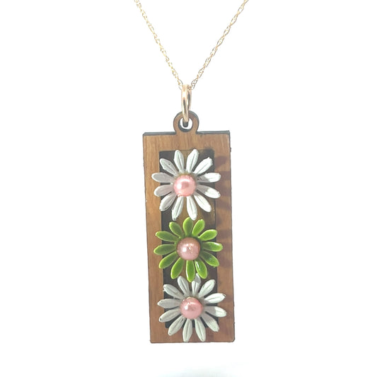 Vintage Enameled White, Green and Pink Floral Pendant Necklace (Pearl Centers)