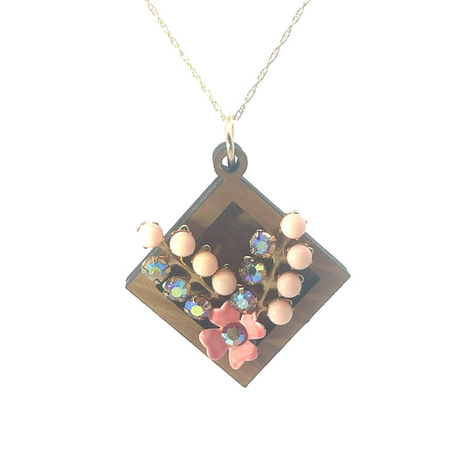 Vintage Enameled Pink and Peach Floral Pendant Necklace