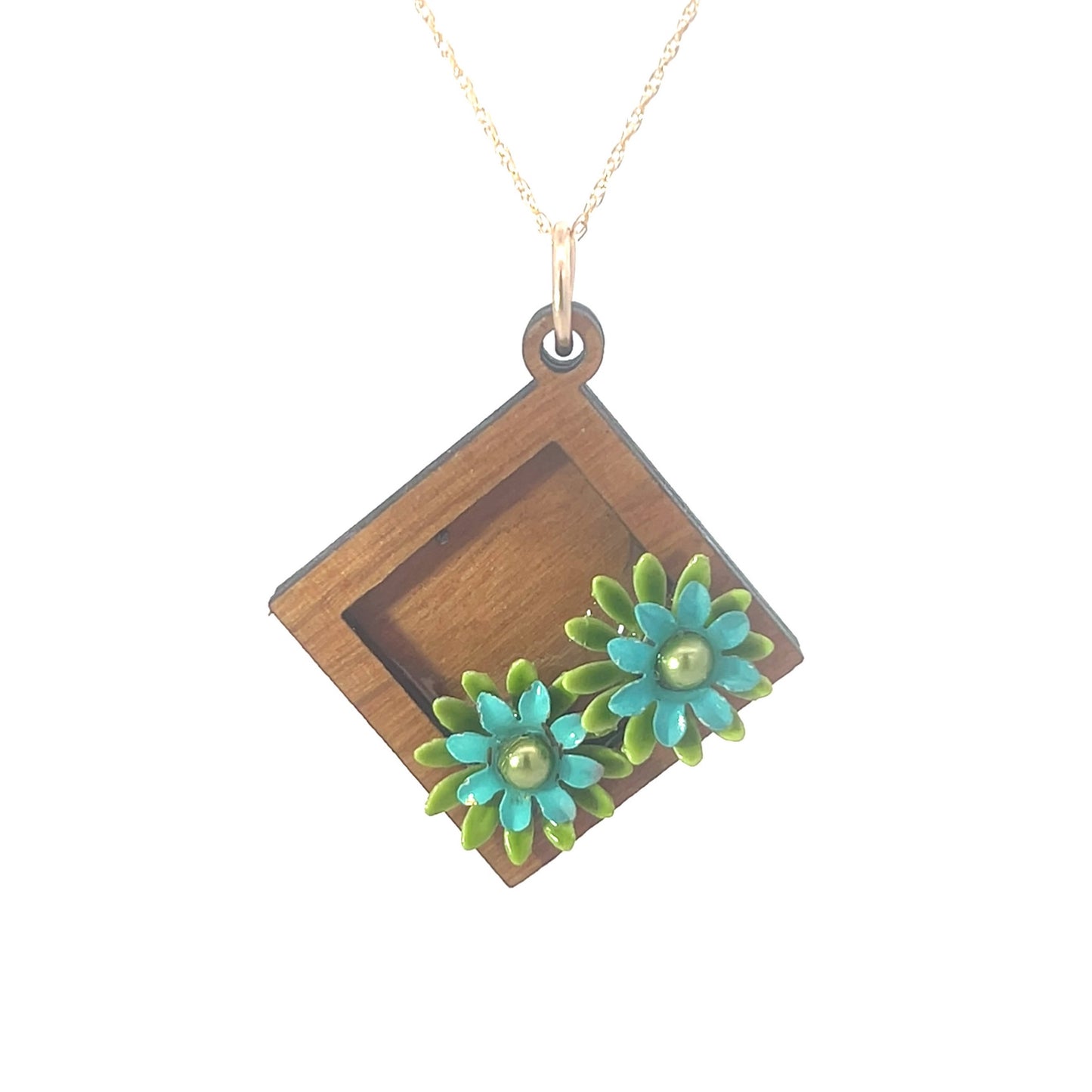 Vintage Enameled Blue and Green Floral Pendant Necklace