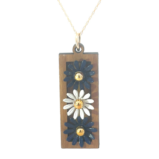 Vintage Enameled Navy Blue and White Floral Pendant Necklace