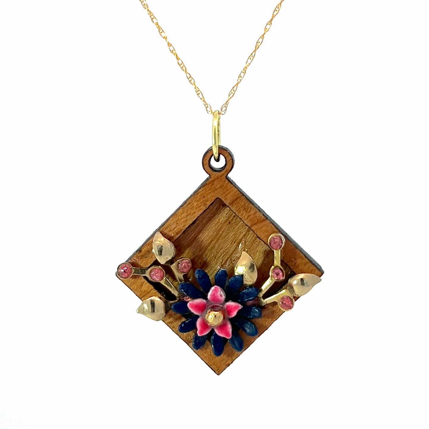 Vintage Enameled Navy, Pink and Gold Floral Pendant Necklace