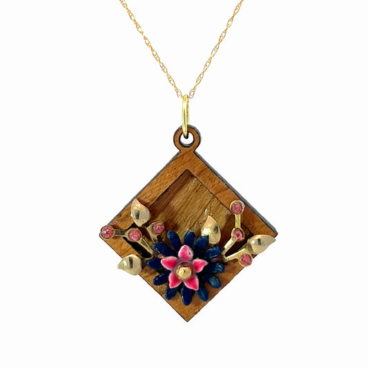 Vintage Enameled Navy, Pink and Gold Floral Pendant Necklace