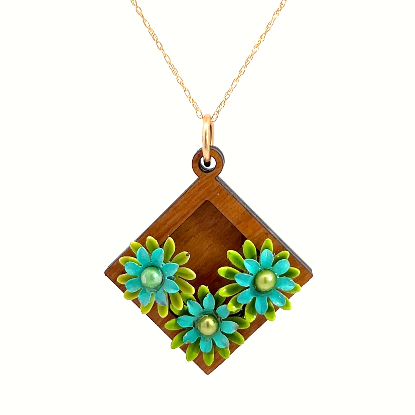 Vintage Enameled Green and Blue Floral Pendant Necklace