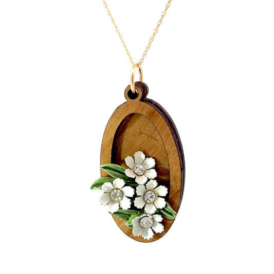 Vintage Enameled White and Green Floral Pendant Necklace