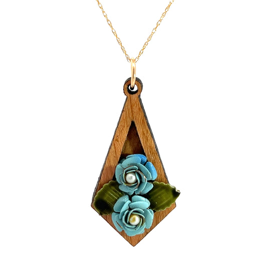 Vintage Enameled Blue, Green and Pearl Floral Pendant Necklace