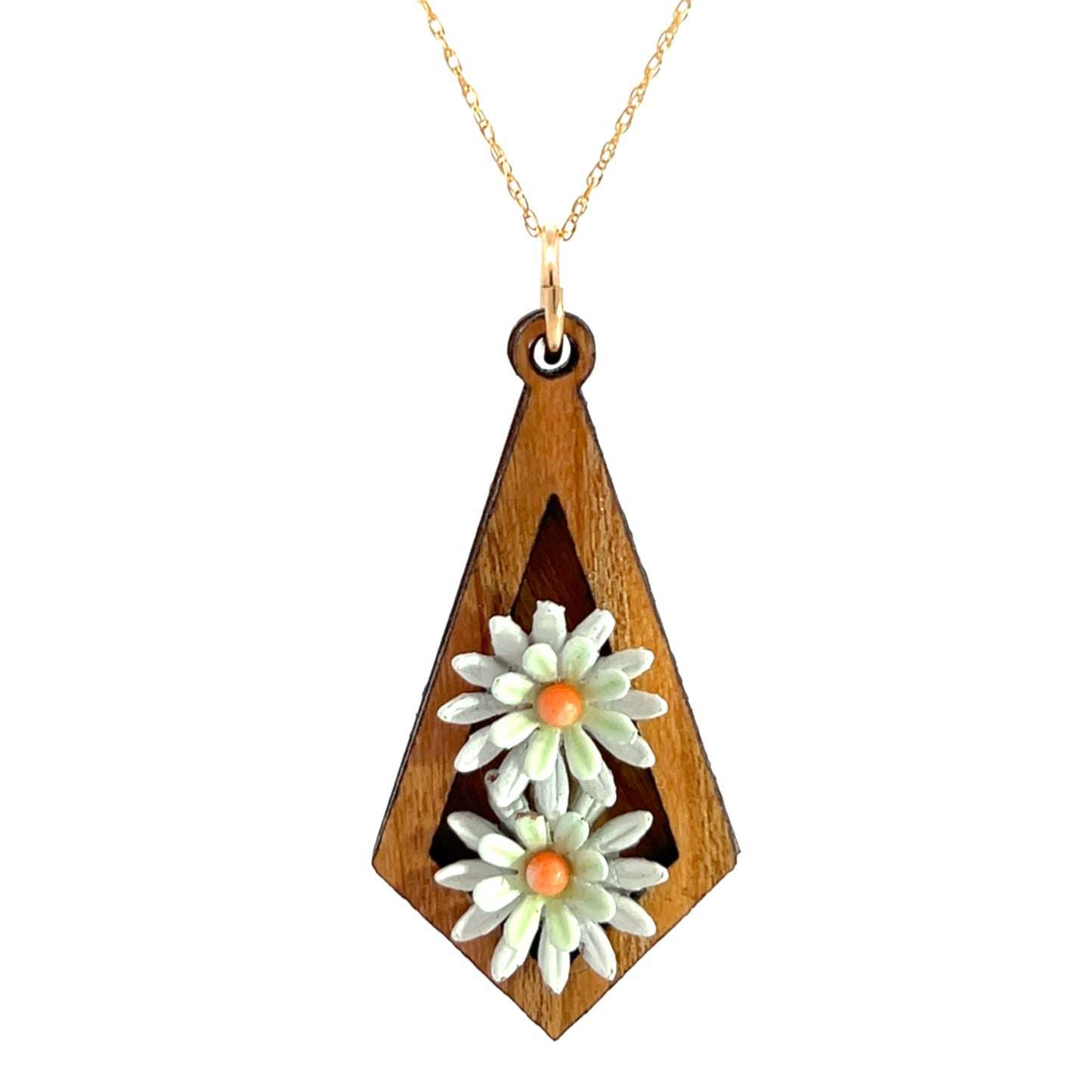 Vintage Enameled White, Pale Green and Orange Floral Pendant Necklace