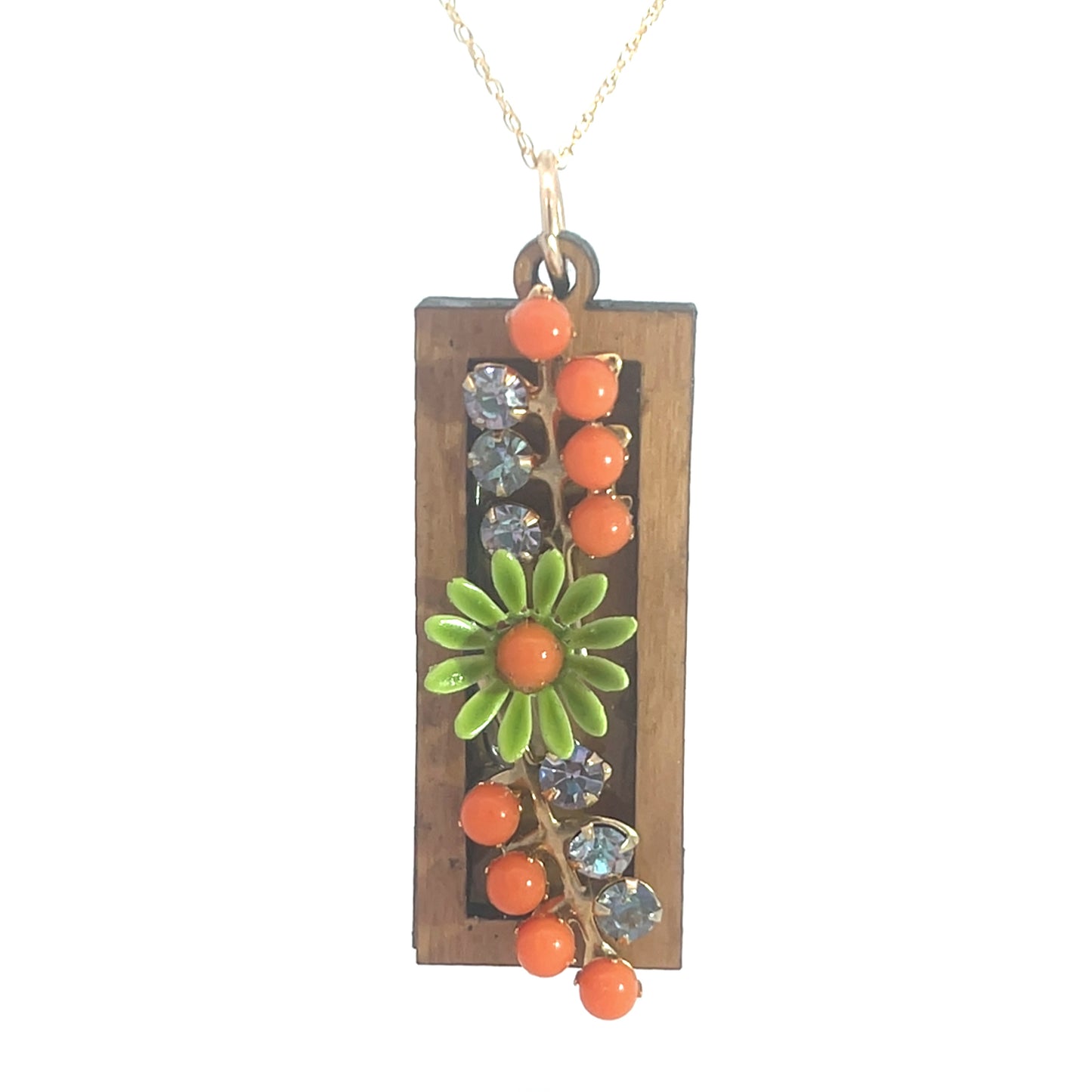 Vintage Enameled Green and Orange Floral Pendant Necklace