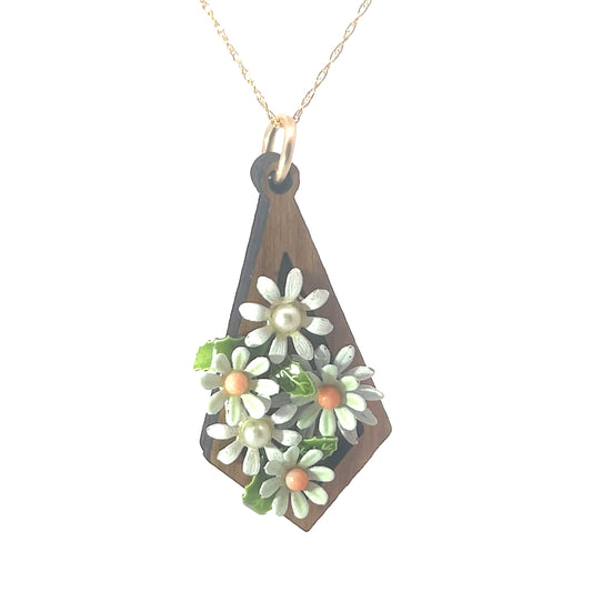 SOLD Vintage Enameled White, Green, Orange Floral Pendant Necklace