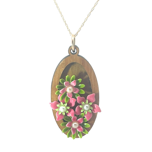 SOLD Vintage Enameled Pink and Green Floral Pendant Necklace