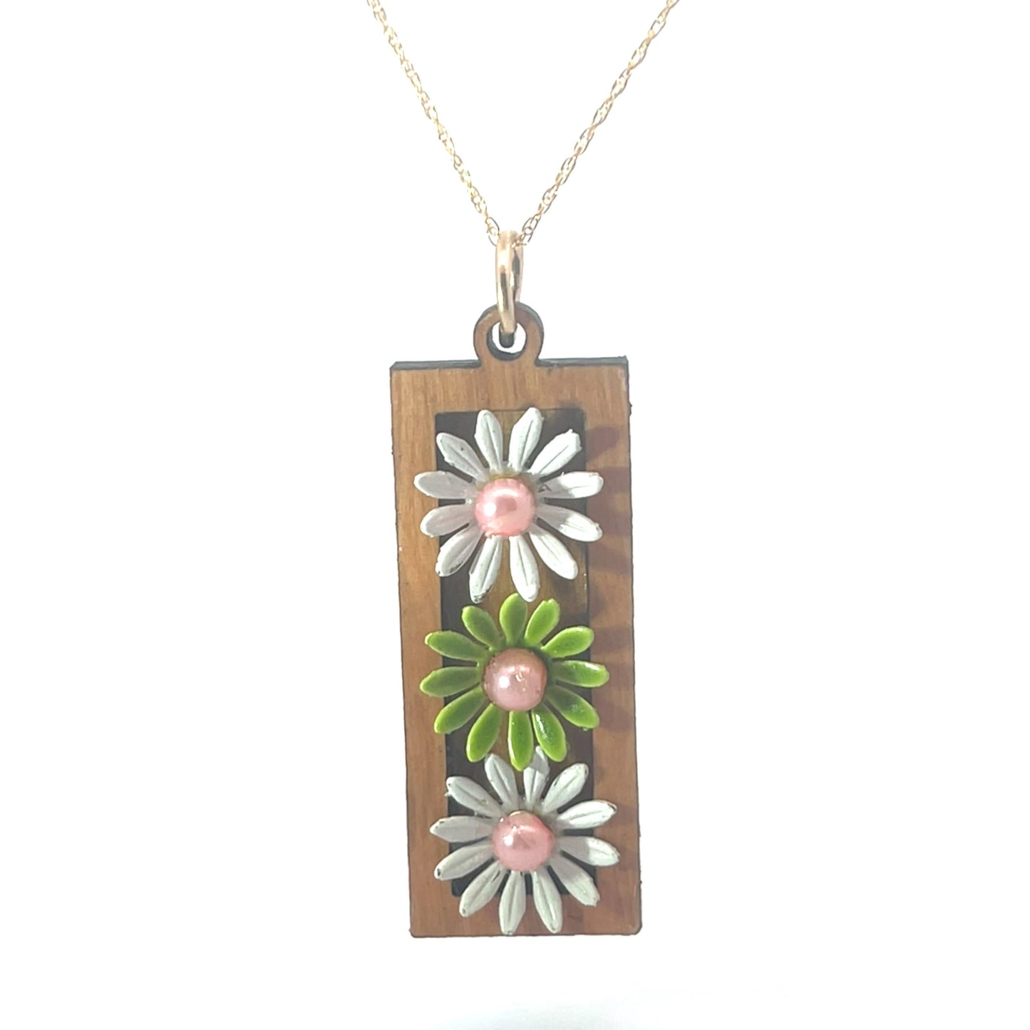 Vintage Enameled White, Green and Pink Floral Pendant Necklace (Pearl Centers)