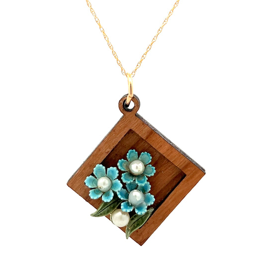 Vintage Enameled Light Blue and Pearl Floral Pendant Necklace