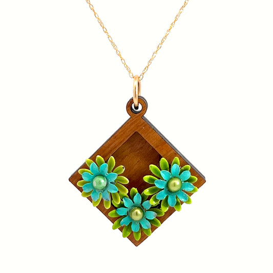 Vintage Enameled Green and Blue Floral Pendant Necklace