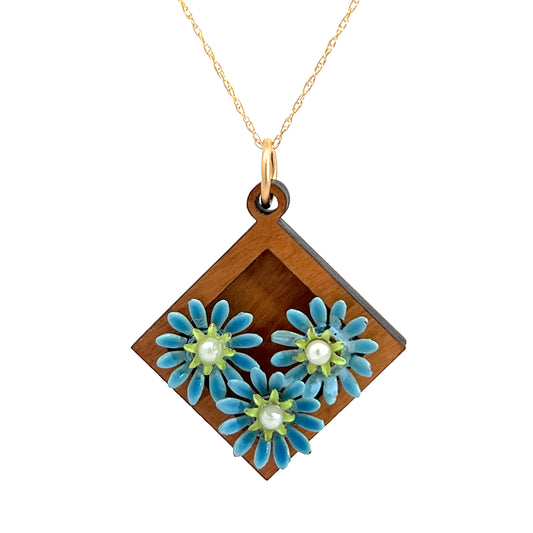 Vintage Enameled Blue and Green Floral Pendant Necklace