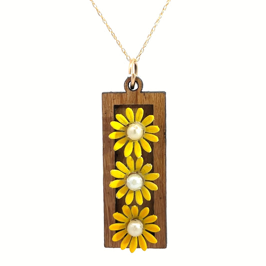 Vintage Enameled Yellow and White Floral Pendant Necklace