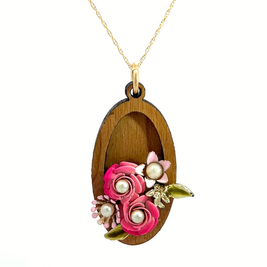 Vintage Enameled Pink and Green Floral Pendant Necklace