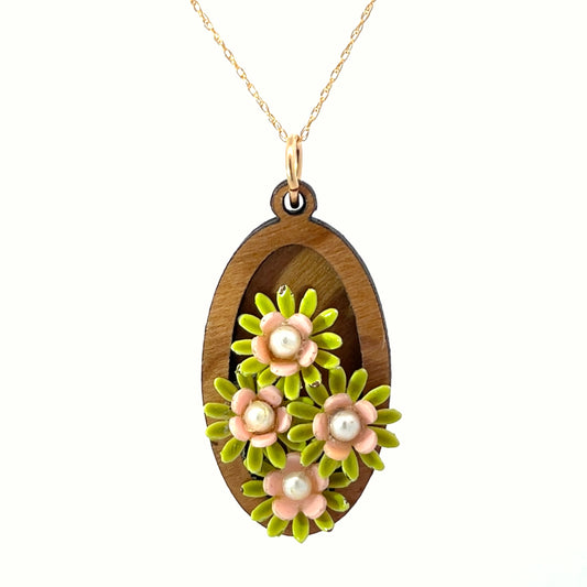 Vintage Enameled Pink and Green Floral Pendant Necklace
