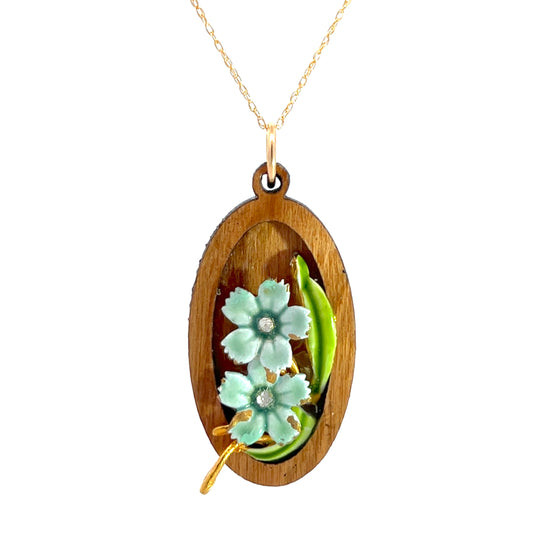 Vintage Enameled Blue, Green and Gold Floral Pendant Necklace