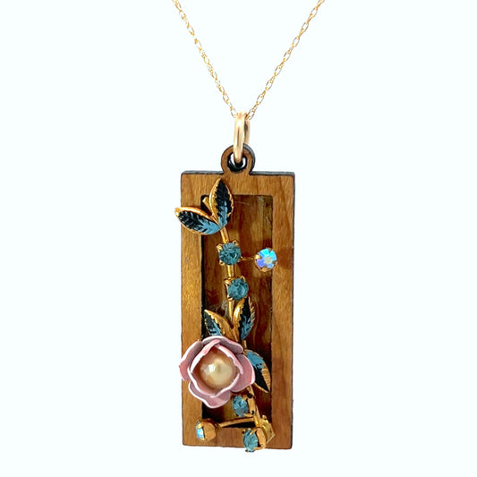 Vintage Enameled Pink, Blue and Gold Pendant Necklace