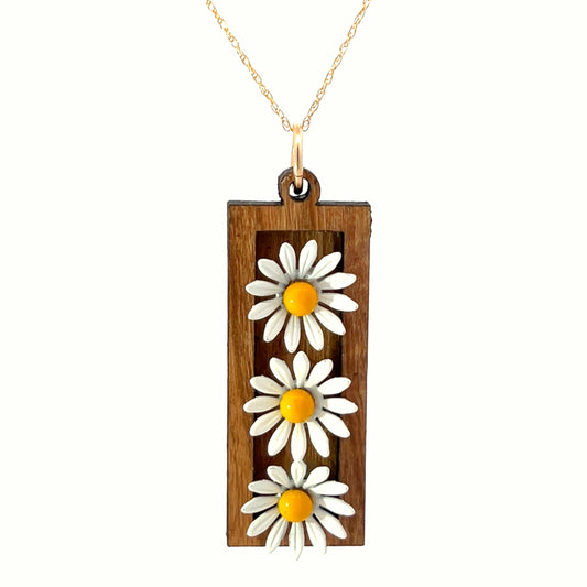 Vintage Enameled  White and Yellow Floral Pendant Necklace
