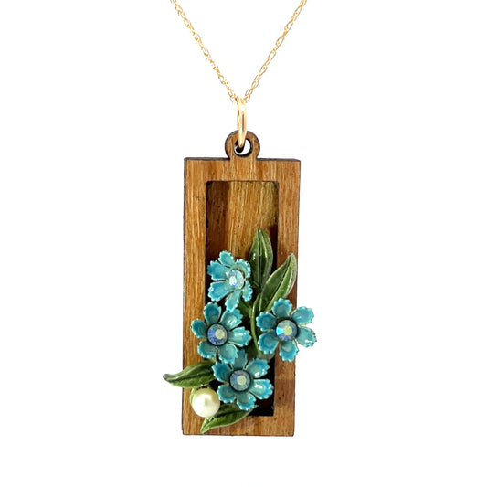 Vintage Enameled Blue and Green Floral Pendant Necklace