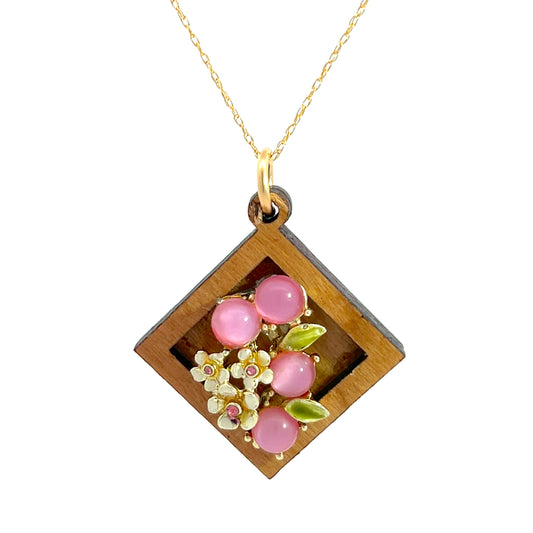Vintage Enameled Pink, Green and Cream Floral Pendant Necklace