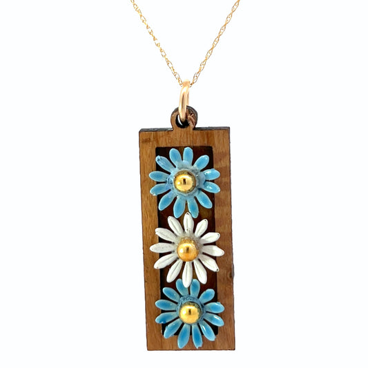 Vintage Enameled Blue, White and Gold Floral Pendant Necklace