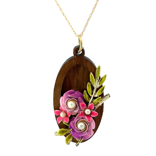 SOLD Vintage Enameled Purple, Pink and Green Floral Pendant Necklace