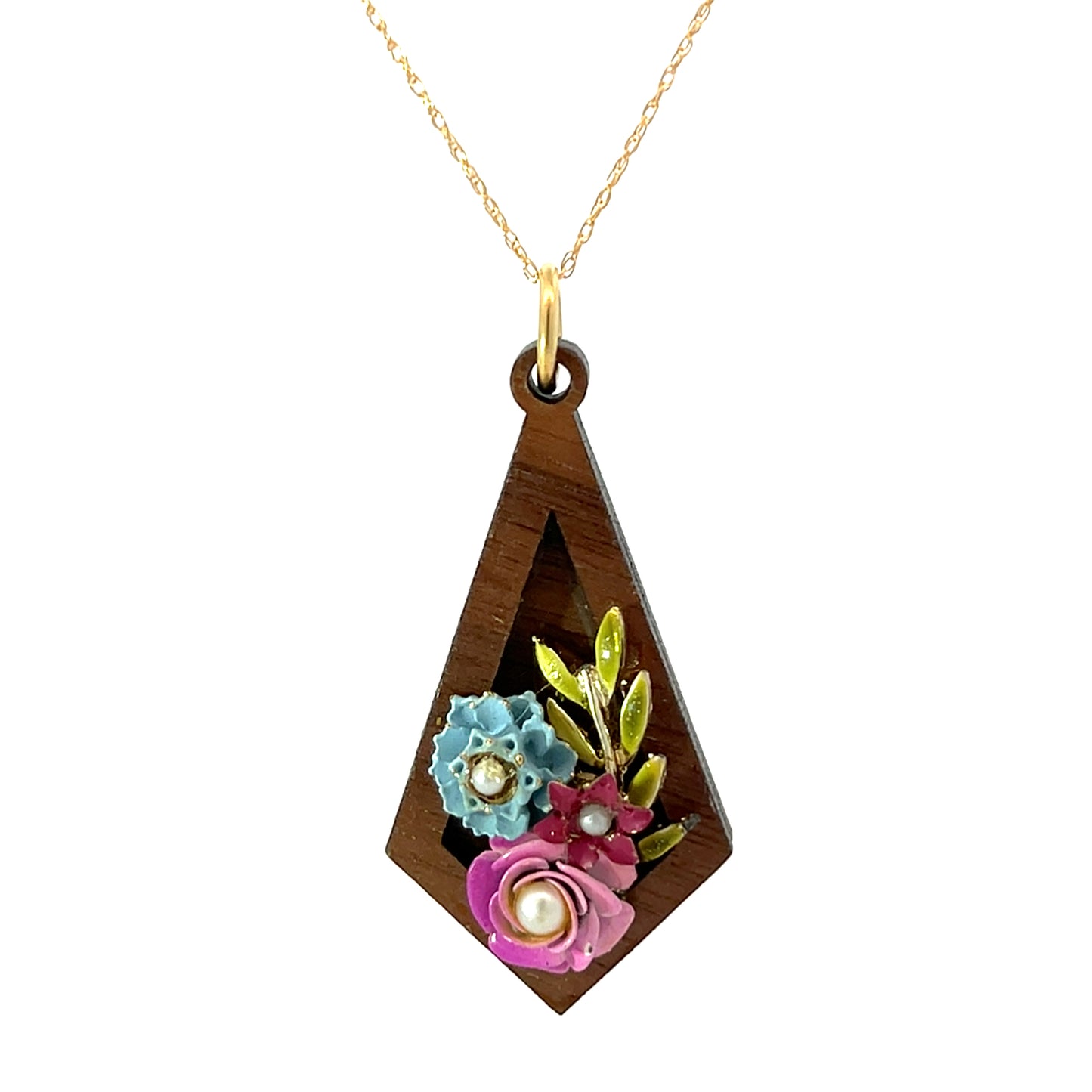 Vintage Enameled Blue, Purple and Green Floral Pendant Necklace