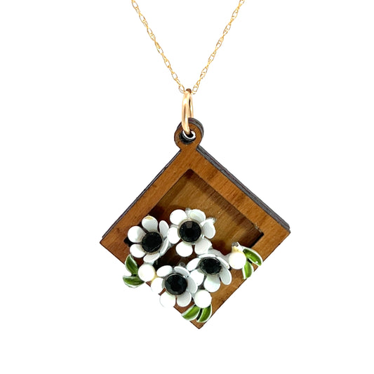 Vintage Enameled White and Navy Blue Rhinestone Floral Pendant Necklace