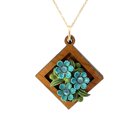 Vintage Enameled Blue and Green Floral Pendant Necklace